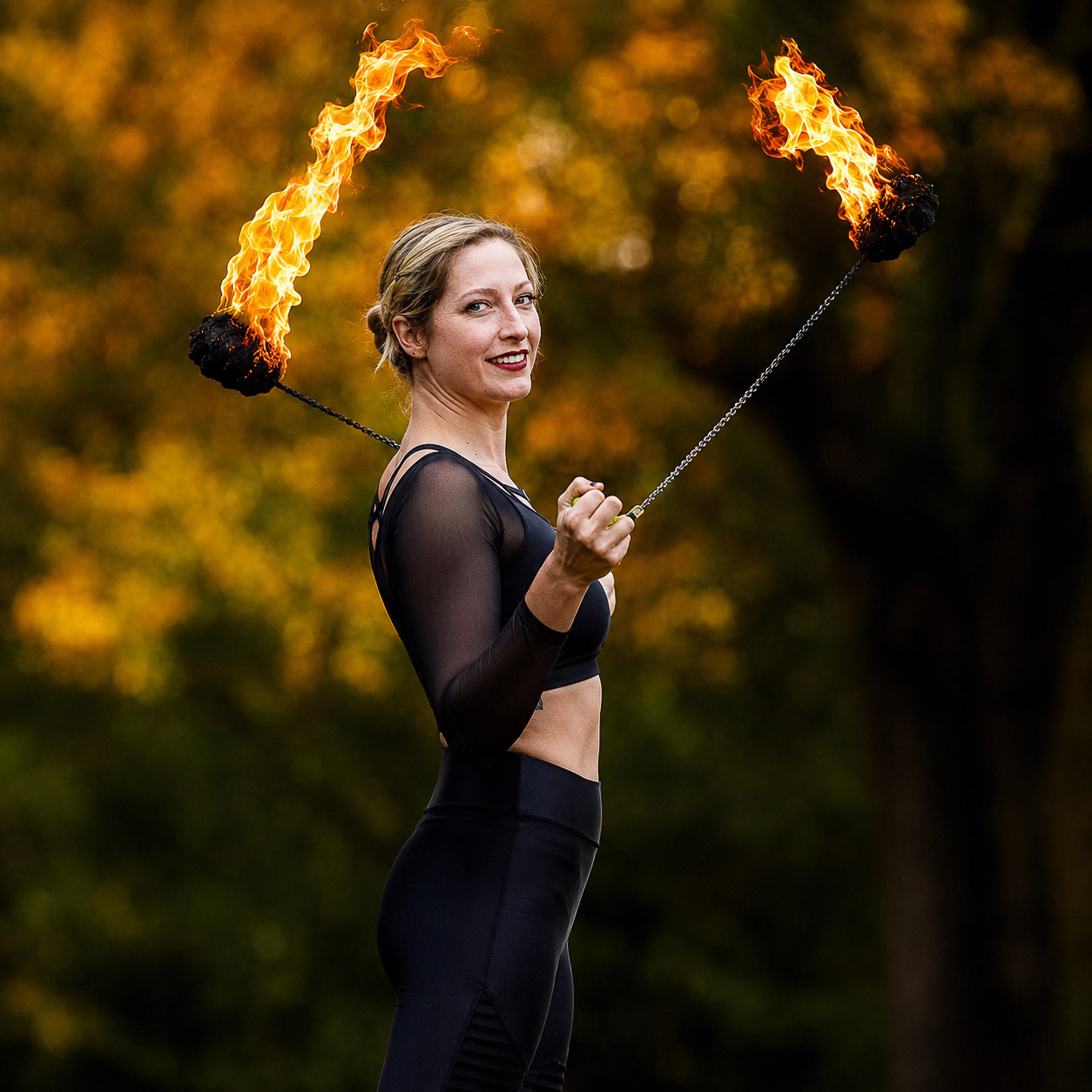 Fire poi performer surrounded by flame at golden hour