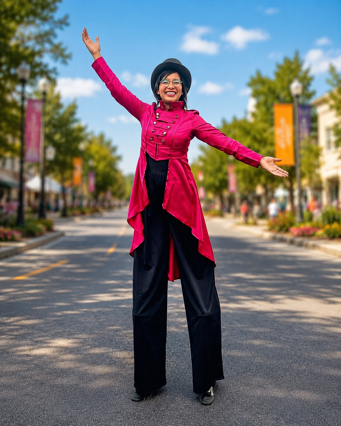 A ringmaster on stilts leading the way